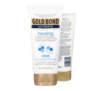 Vue de face et de dos du flacon de lotion thérapeutique pour la peau Gold Bond Ultimate Healing