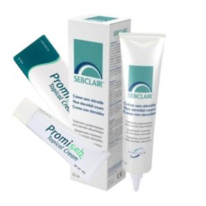 Tube et emballage extérieur de deux crèmes ; Sebclair Dermatola et Promiseb Topical