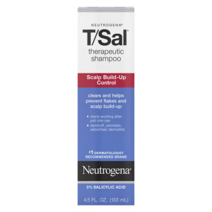 Box containing 133ml bottle of Neutrogena's T/Sal shampoo that uses salicylic acid