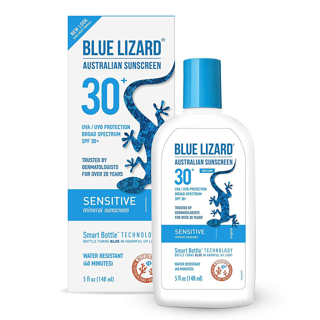 Flacon et emballage de crème solaire australienne Blue Lizard - un bon candidat à base d'oxyde de zinc pour les peaux à tendance dermatite séborrhéique