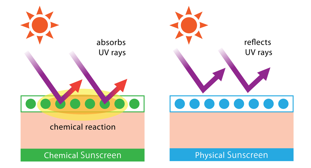 Représentation visuelle de la principale différence entre les agents de protection solaire chimiques et physiques ; les agents chimiques absorbent les rayons UV, tandis que les agents physiques les réfléchissent.