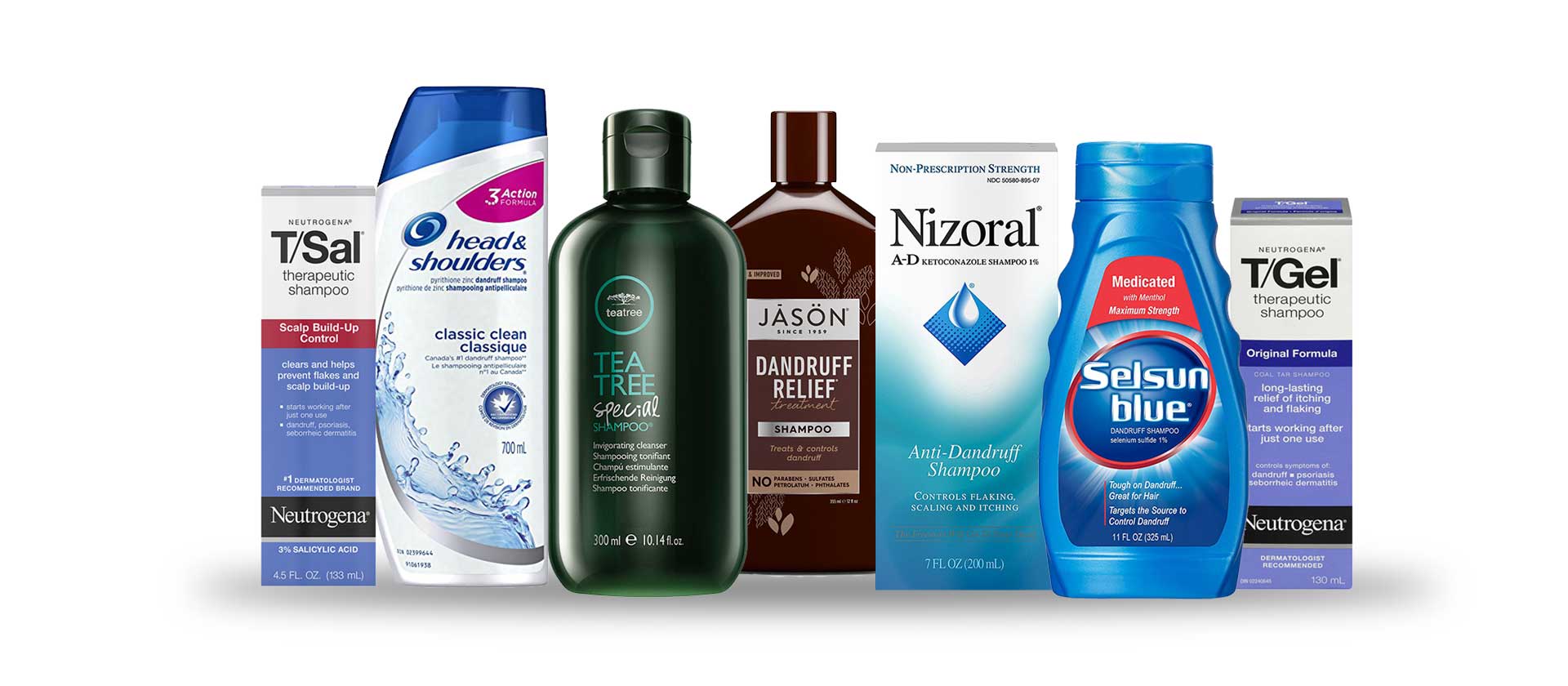 Packaging of the 7 most popular seborrheic dermatitis shampoos. From left to right; T/Sal Therapeutic Shampoo, Head and Shoulders Classic Clean, Paul Mitchell Tea Tree Special, Jason Dandruff Relief, Nizoral Ketoconazole Shampoo, Selsun Blue Dandruff Shampoo, T/Gel Therapeutic Shampoo.