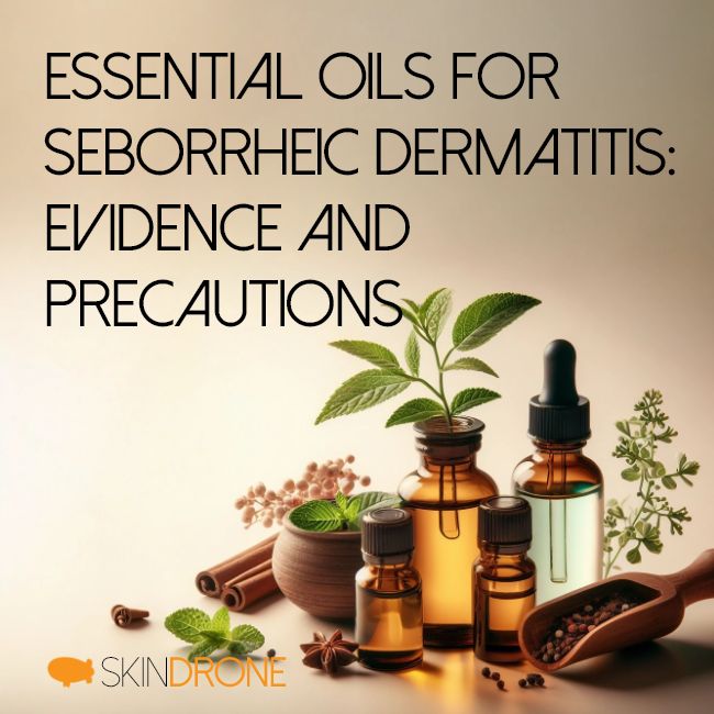 Bottles of essential oils, potential remedies for seborrheic dermatitis. Banner containing the article title.