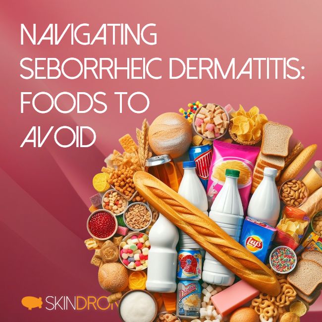 Unhealthy Food Choices Linked to Seborrheic Dermatitis: White bread, sugary cereals, processed snacks, ultra-processed foods, and alcoholic beverages on a plate.